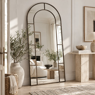 Full Length Mirror, Floor Mirror Arched Window Pane Decorative Mirror, Metal Framed Decor Farmhouse Floor Mirrors Art Pane Mirrors Wall Decor