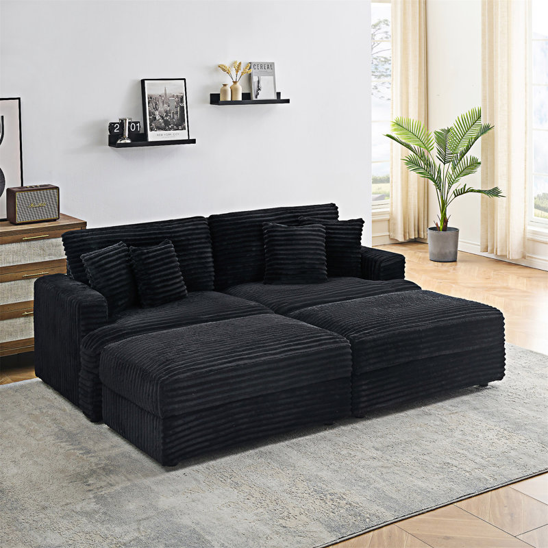 Upholstered Sofa With Footrest And Throw Pillows, Black