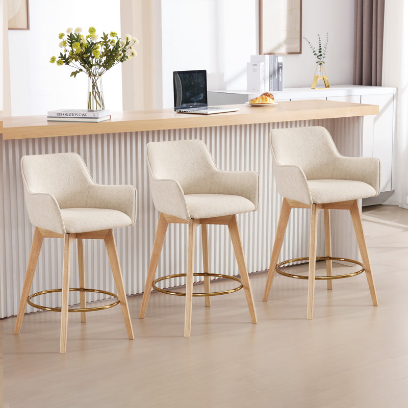 Ashwell Swivel Full Back Arms Upholstered 26.6"H Counter Stool With Solid Rubberwood Frame And Gold Footrest(Set of 3), Beige