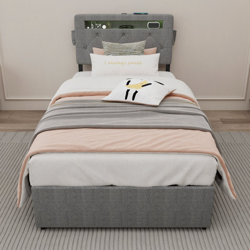 Cadre de lit avec station de charge USB et lumières DEL, cadre de lit avec tête de lit et 4 tiroirs de rangement