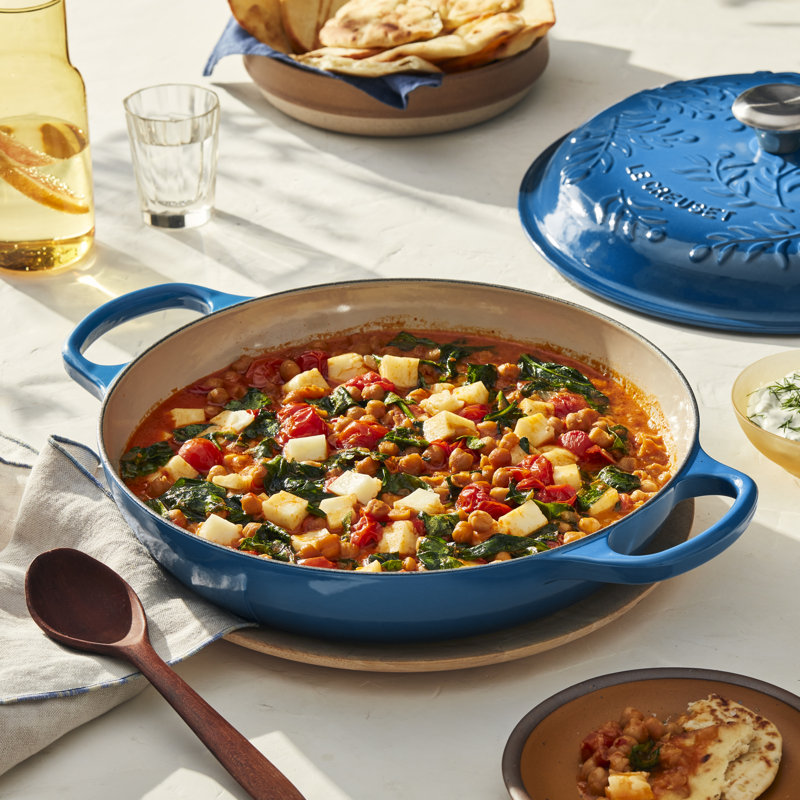 Blue Enameled Cast Iron Round Braiser with Embossed Lid, 3.5 Quarts