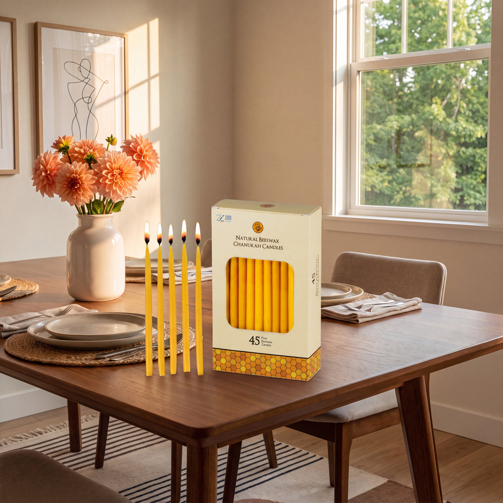Natural Beeswax Long Hanukkah Candles