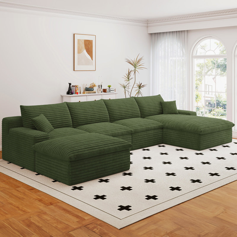 Boneless 136" U Shaped Sectional Couches, Corduroy Sectional Sofa With Reversible Storage Ottoman, 4 Seater Sofa With Throw Pillows Upholstered L-Shaped Couch For Living Room