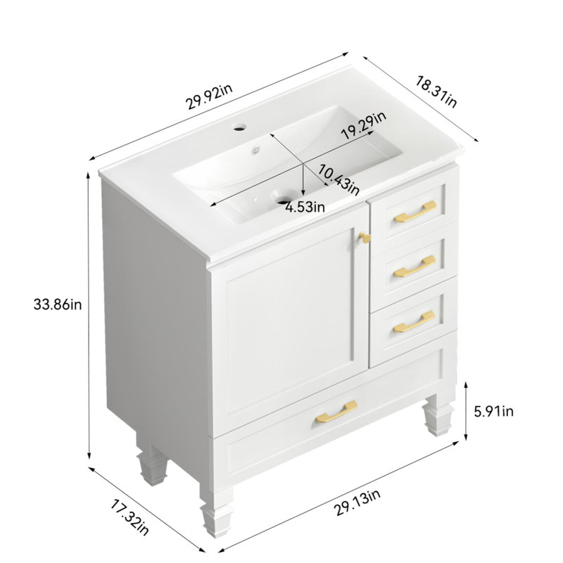 Meuble-lavabo à trois tiroirs en céramique, Blanc