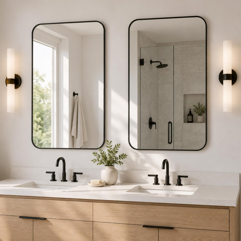 Ensemble de miroirs muraux modernes en verre trempé avec cadre en métal pour salle de bain, Noir mat, 36 po x 24 po