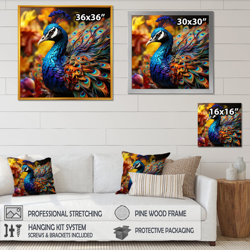 «Majestic Blooming Plumage Peacock IV», reproduction sur toile, Cadre simple blanc, H 24 po x l 24 po x P 1 po