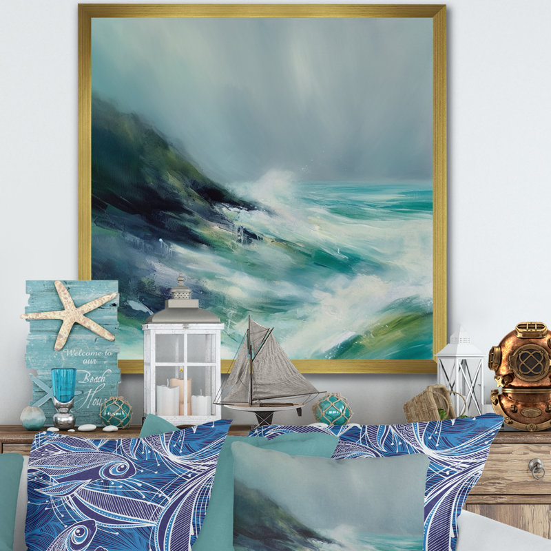 Paysage marin Kinka abstrait II, H 16 po x l 16 po x P 1 po, Encadrement doré