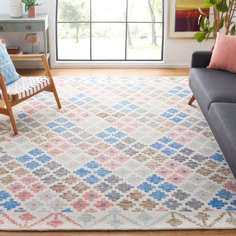 Lukats Hand Tufted Wool/Cotton/Latex Geometric Rug in Blue/Red, Rectangle 8' x 10'
