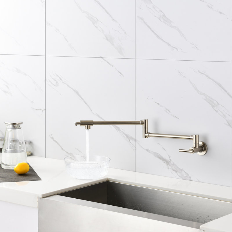 Wall Mount Folding Pot Filler Faucet In Brushed Nickel - Double Handles For Accurate Water Supply, And Fingerprint- Surface, Quiet Steady Flow With Aerator Design Arm Hassle- Filling, Regulation,