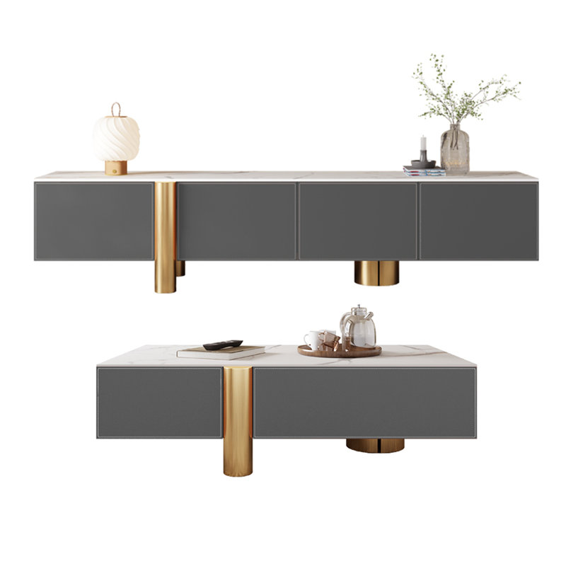 Meuble télé et table basse de luxe léger, Or / Gris