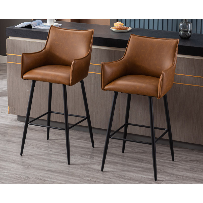 Honorata Brown Leather Upholstered Bar Stools with Metal Frame (Set of 2)