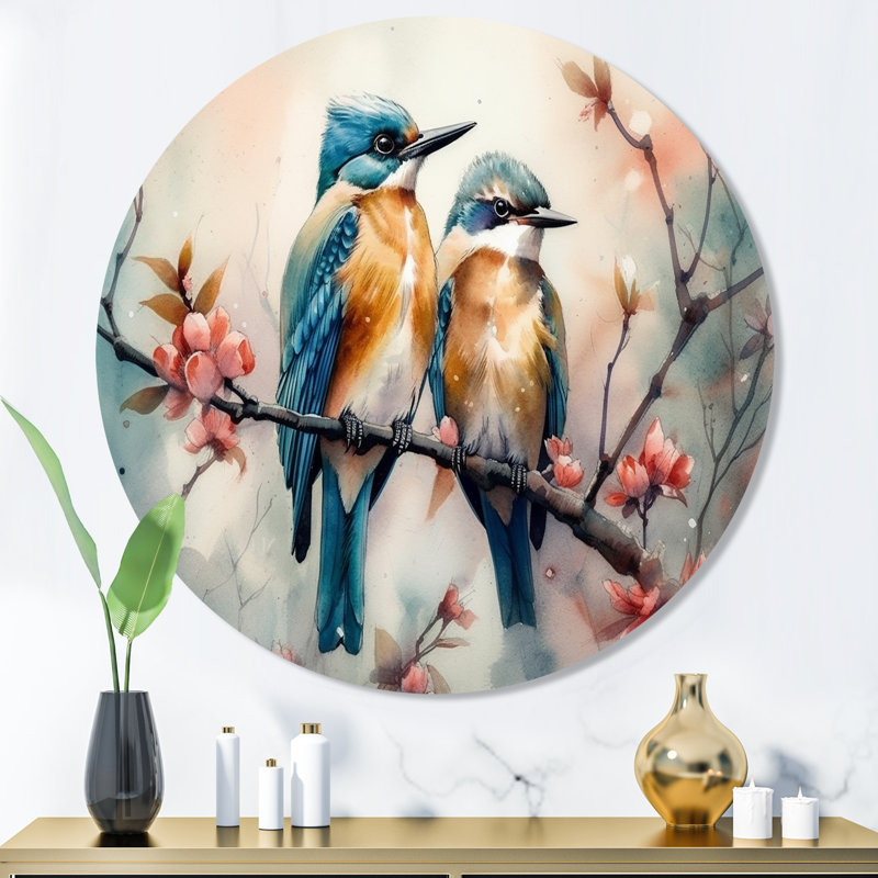 Oiseaux bleus assis sur une branche d'arbre IV - Art mural rond en métal à motif floral, H 16 po x l 16 po x P 1 po