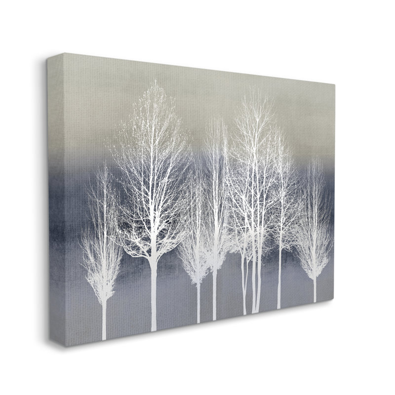 «Modern Tree Forest Winter Landscape Over Pattern» par - Impression, H 11 po x l 14 po, Giclée encadrée noir minuit