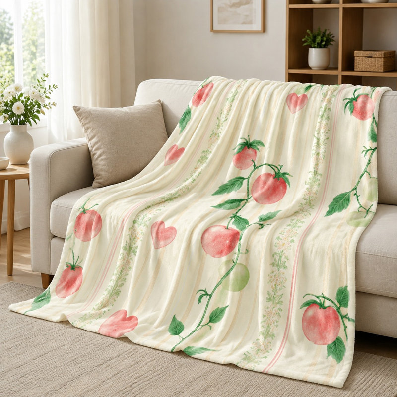 Plaid douillet en flanelle, motif cœur et vigne de tomates, doux, léger, respirant, toutes saisons, agréable pour la peau, lavable à la machine, décoratif, pour canapé, fauteuil, salon et chambre