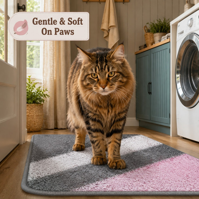 This large 33.5 x 22.4 in litter mat uses soft PVC loop mesh for litter trapping and non-slip backing, providing easy-clean floor protection while also serving as home decor.
