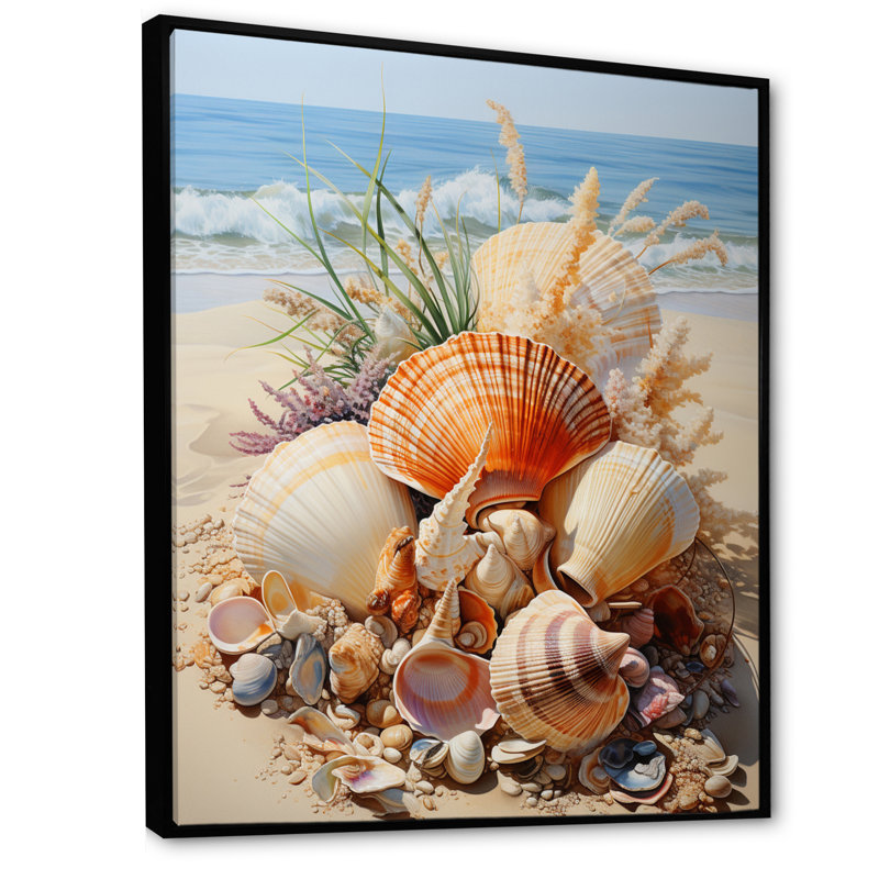 Photo de plage, coquillage, collage V - animaux, impressions d'art mural, H 32 po x l 16 po x P 1 po, Cadre flottant noir
