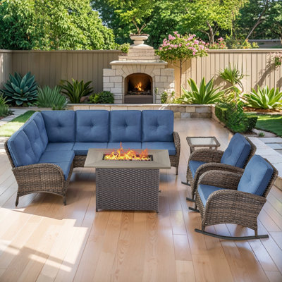 Gaetanino 8 - Person Outdoor Wicker Patio Sectional Seating Group With Cushions & 50,000 BTU Fire Pit