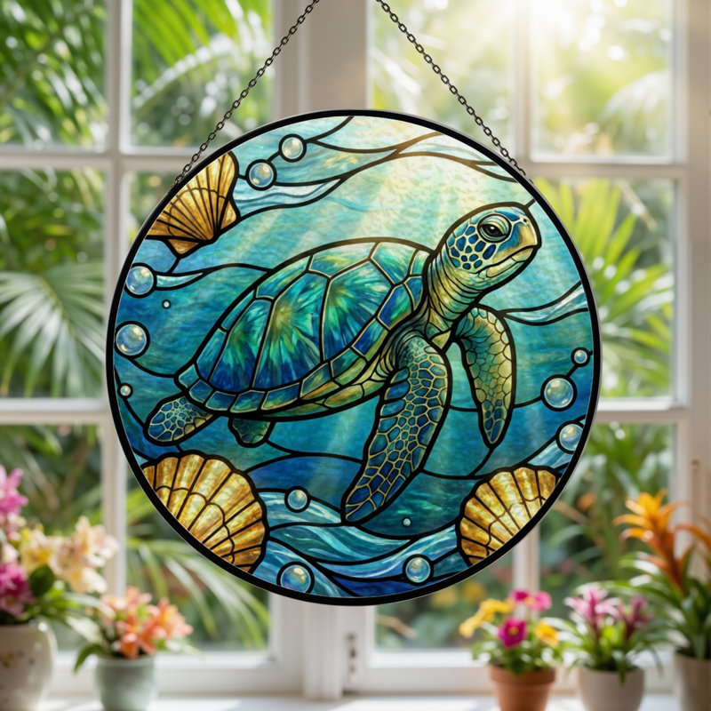 Panneau de vitrail de tortue de mer H 7,8 po, H 7,8 po x l 7,8 po