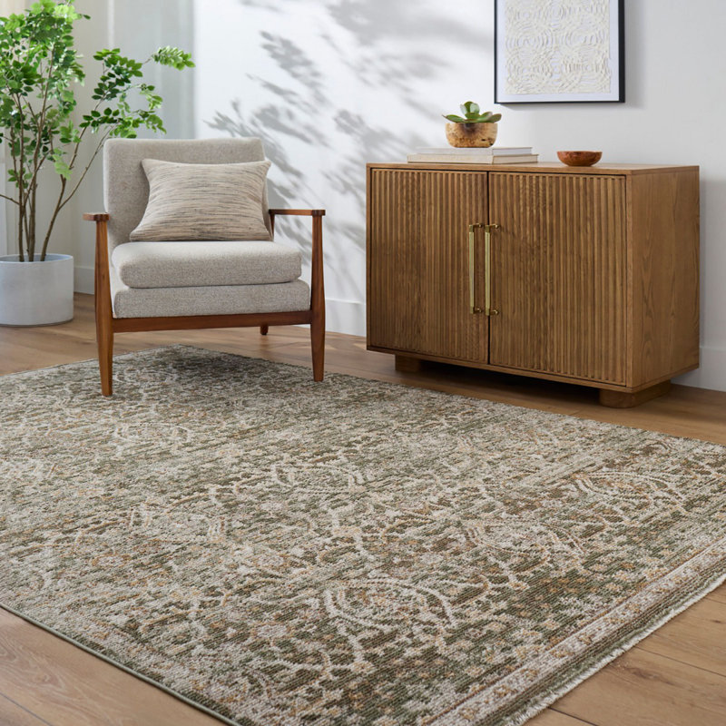 Green Traditional Rug, Floral Stain Resistant Easy to Clean Rug For Living Room, Dining Room, Bedroom, Rectangle 120 x 170 cm