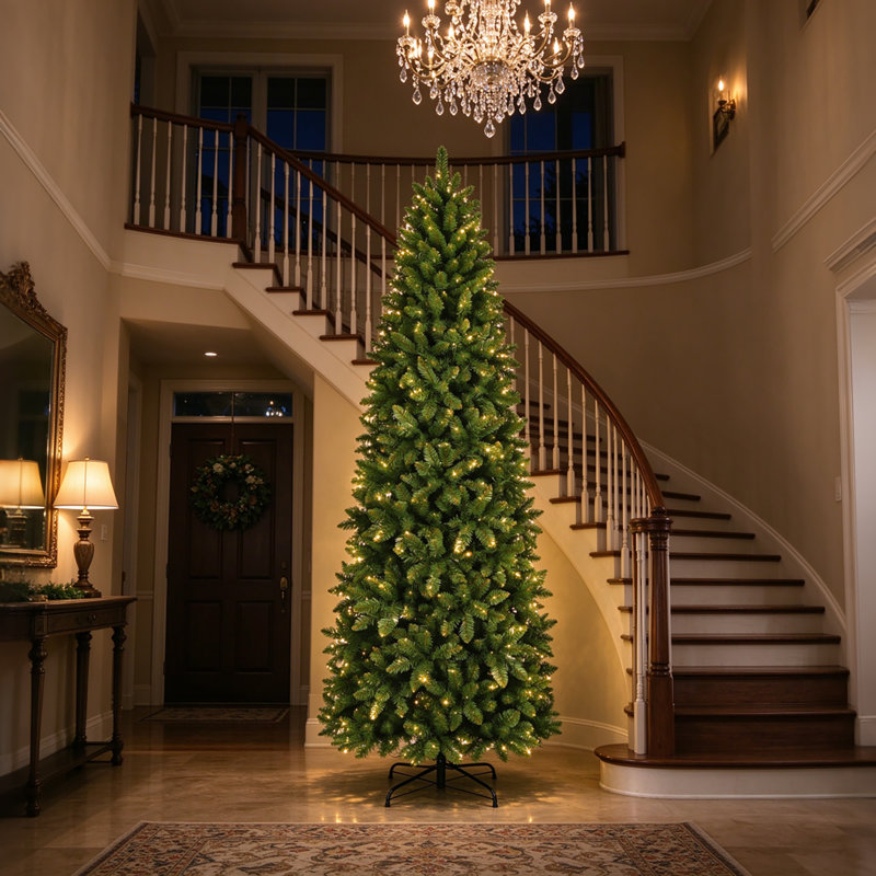 7.5ft / 9ft Pre-Lit Slim Pencil Christmas Tree, Warm White & Multicolor LED Lights, Hinged Artificial Spruce with Metal Stand,