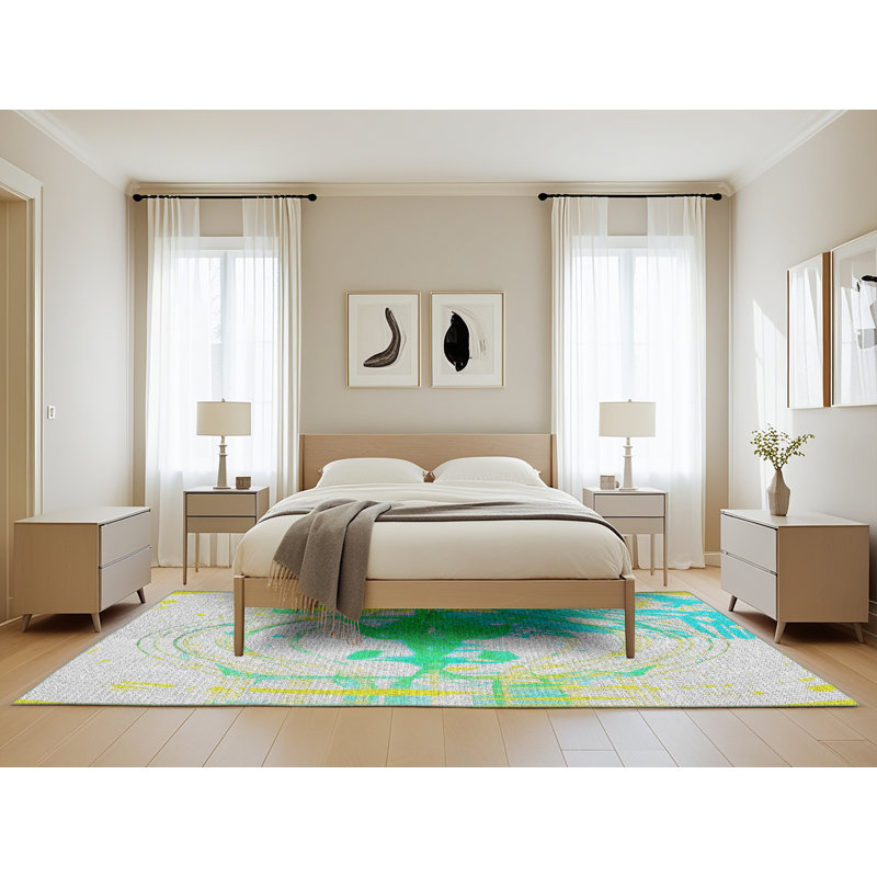 Tapis vert/jaune tissé à la machine, Rectangle 5 pi x 8 pi