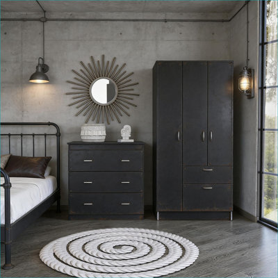 Ensemble de chambre à coucher | Armoire de rangement moderne 2 pièces, 2 tiroirs et 3 tiroirs, pour l'organisation de la chambre à coucher | Noir | Panneau de particules