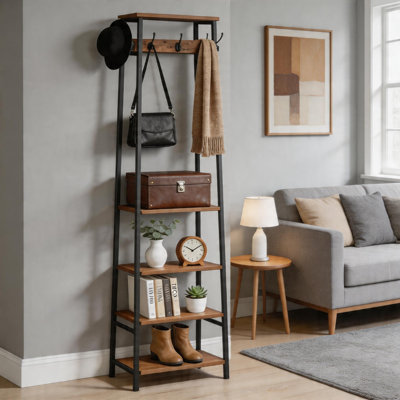 Portemanteau sur pied de style industriel, ton brun et noir rétro, rangement à trois niveaux avec sept crochets, idéal pour le vestibule et l'organisation de vêtements de chambre à coucher.