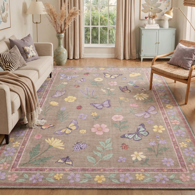 Adonis Vespera Floral Machine Washable Pink / Brown Indoor Area Rug with Non-Slip Backing, Rectangle 9' x 12'