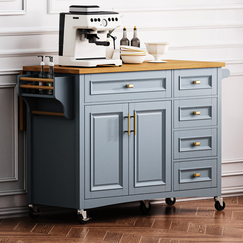 52'' Kitchen Island With Drop Leaf And Wheels. White, Design, Spice Rack, Towel 2 Doors, 5 Drawers, Adjustable Shelf For Elegant Modern Luxury Coastal Practical Function Storage. White Finish,