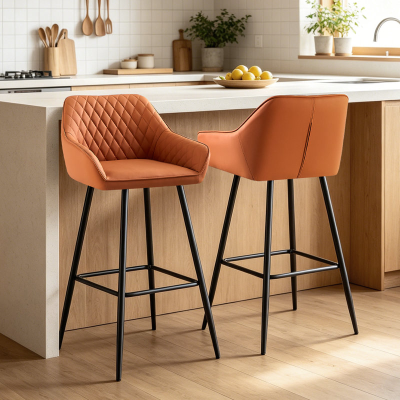 Faux Leather Upholstered Bar Stools with Armrests & Diamond Tufting   , Orange