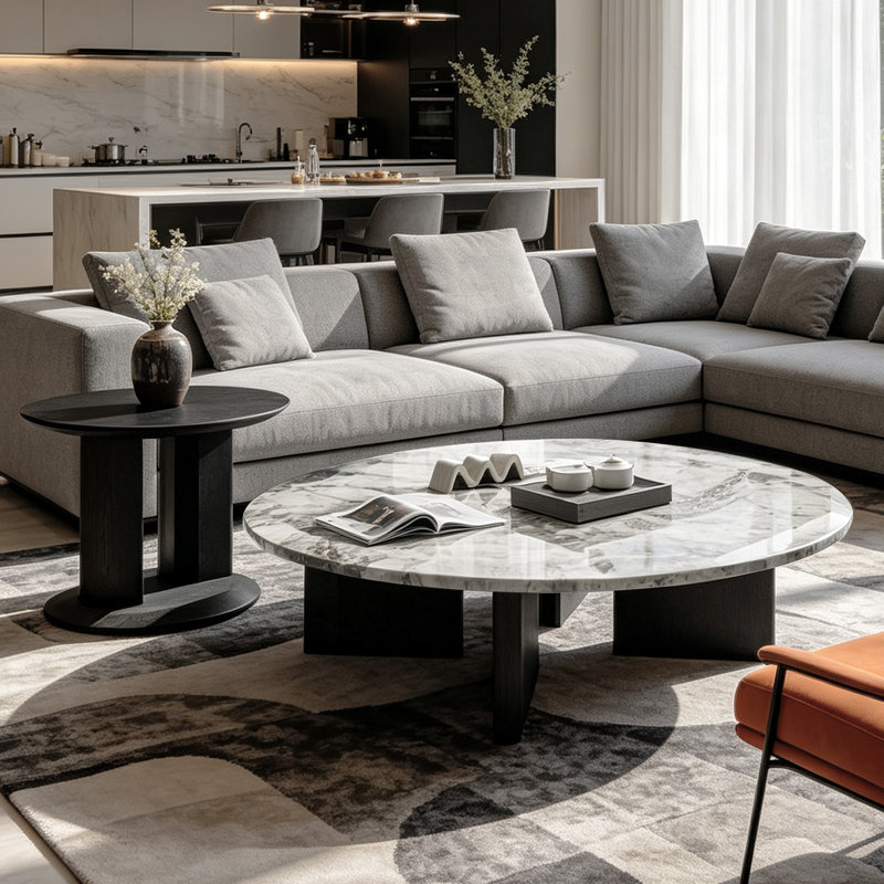 Ensemble de tables basses rondes en placage de marbre gris et blanc, table gigogne moderne avec base en placage de frêne foncé pour le salon