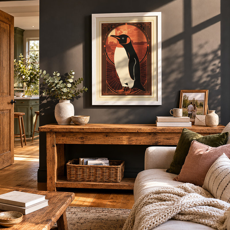 Geometric Penguin Art Deco - Framed Print, A2 - 59.4 x 42.0 cm, White