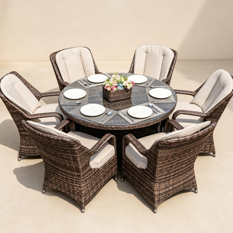 Northpoint 6 - Person Wicker Patio Dining Set with Round Table , Cushions Included, Beige, Brown