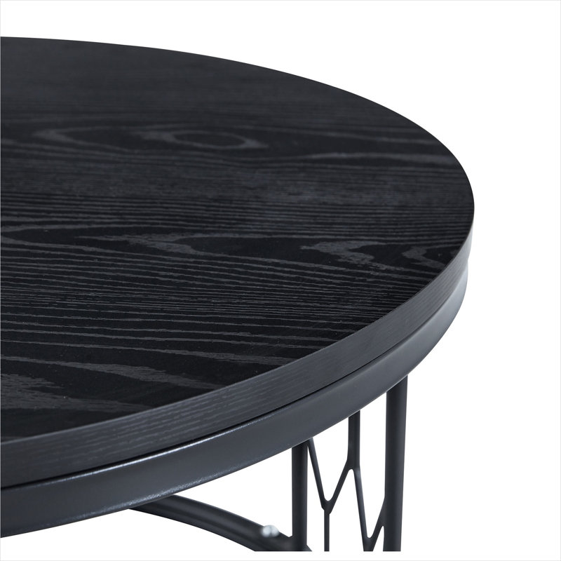 Table basse avec plateau rond en panneau de fibres à densité moyenne, diamètre de 27,5 pouces, grain de bois noir avec pieds en métal