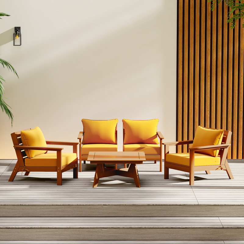 Ensemble de conversation à assise profonde 5 pièces, Jaune, Teck
