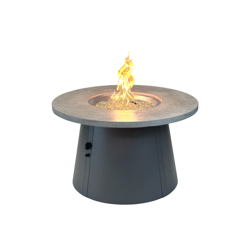 Table ronde de foyer d'extérieur au gaz avec dessus et base fossiles Cirvalo, H 24,50 po x l 42 po x P 42 po, Gris clair