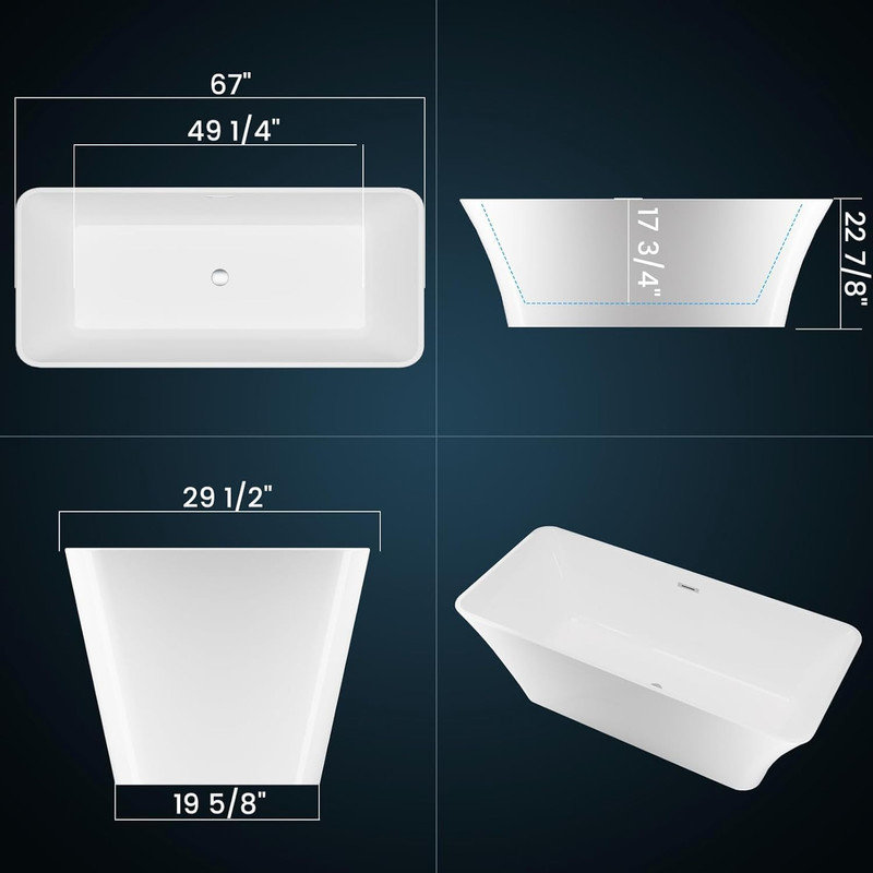  59/67 in Acrylic Freestanding Bathtub, Deep Soaking Tub with Non-Slip Base & Chrome Drain