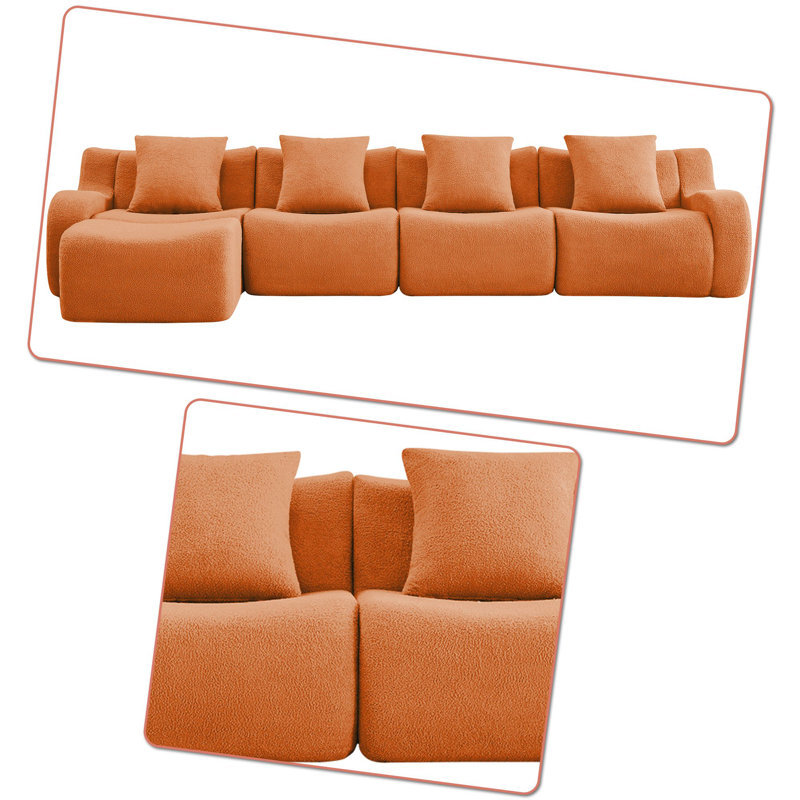 Canapé modulaire rembourré 4 places avec repose-pieds, Orange moelleux, H 35,43 po x l 148,02 po x P 65,73 po