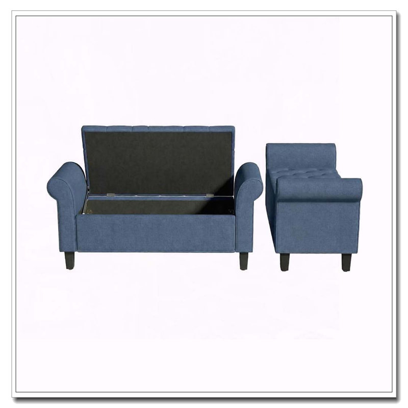 Banc de rangement touffeté à accoudoirs roulés, Bleu, Bleu