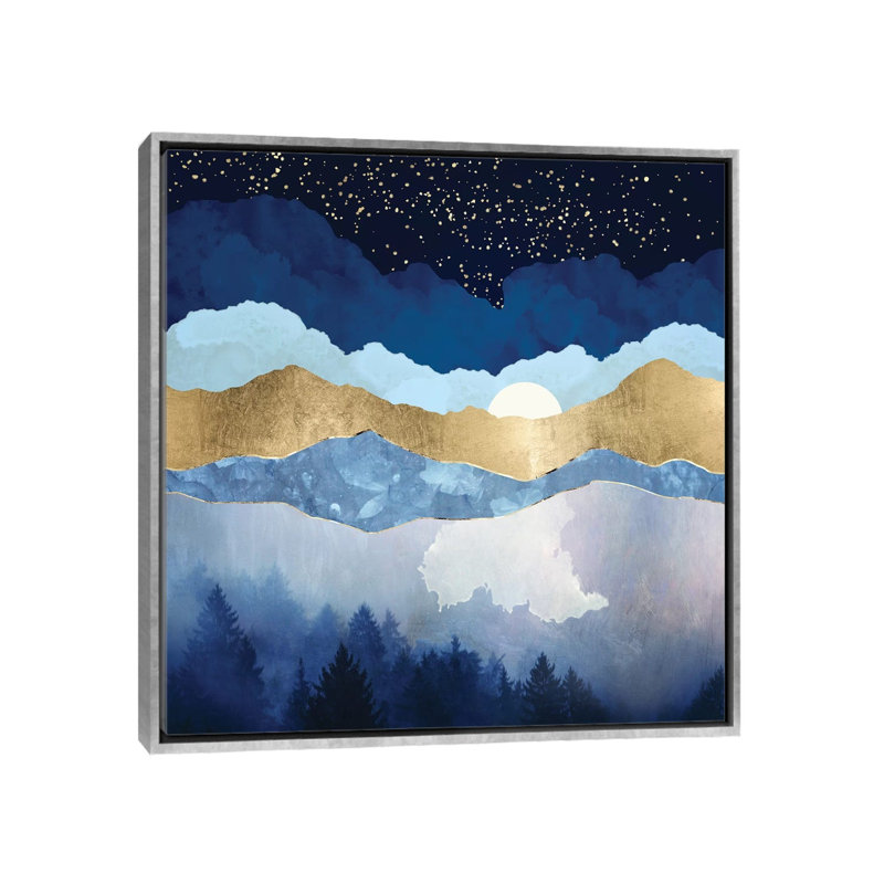Forêt de minuit - impression, Pas de tapis, H 18 po x l 18 po x 1,5 po, Toile avec cadre argenté