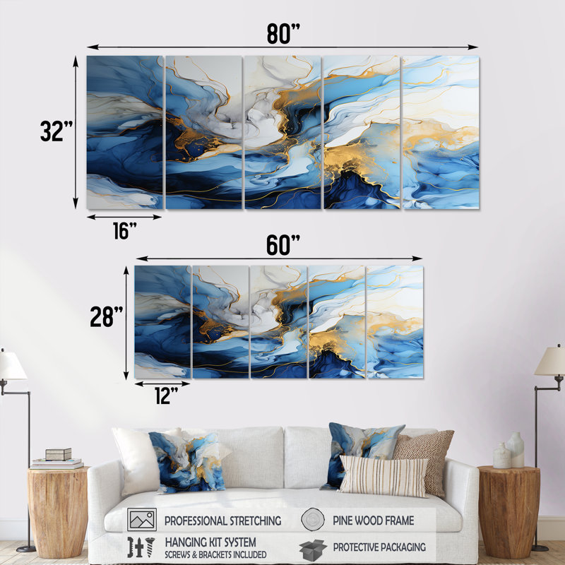Océan, coucher de soleil et rêves - vagues, art mural sur toile, 5 pièces, H 32 po x l 80 po