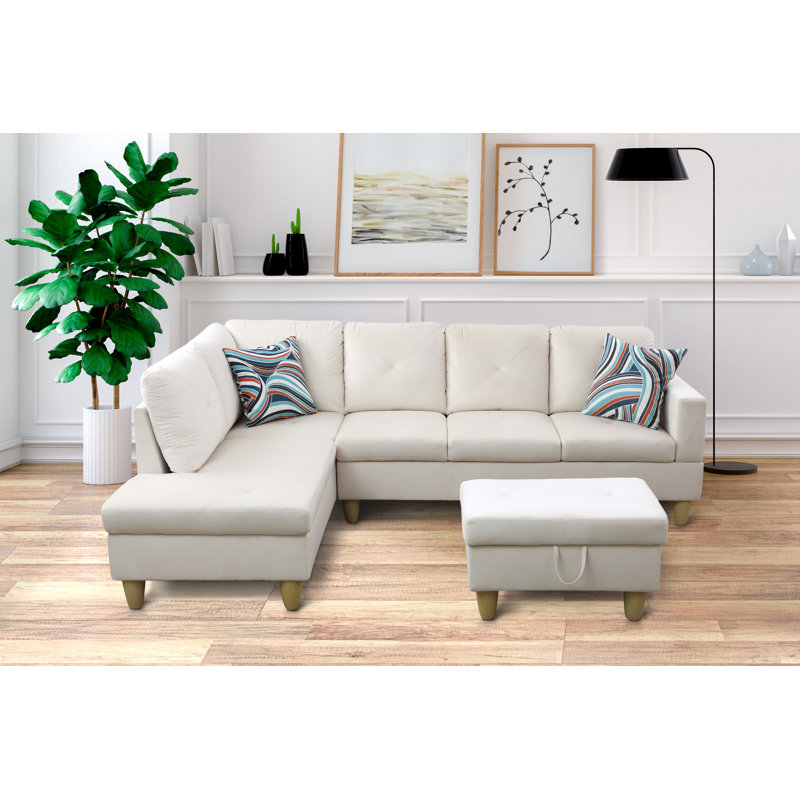 Stotfold Upholstered L-Shaped Sectional Right Hand Facing, Off White Velvet, Left Hand Facing