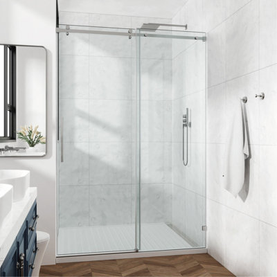 Porte de douche fixe et coulissante 54 po x 76 po, quincaillerie de tube carré, porte de douche en verre transparent, verre trempé de 3/8 po (10 mm), acier inoxydable