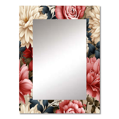 Sumar Beige Vintage Charm Floral Pattern - Floral Decorative Mirror, Cottage Wall Mirror, Printed Metal Art