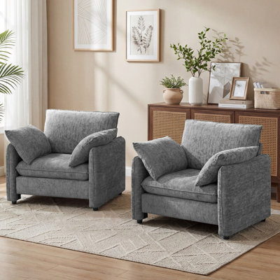 42.1" Oversized Accent Chair Set Of 2, Modern Upholstered Reading Armchair With 33.6" Wide Seat, Ergonomic 120° Backrest, 2 Pillows For Living Room, Chenille