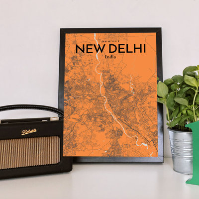 « new delhi city map », reproduction d’impression sur affiche d’art orange