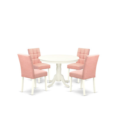 5 Piece Kitchen Table Set consists A Dinner Table and 4 Beige Red Polyester Fabric Mid-Century Dining Chairs with Stylish Back- Linen White Finish