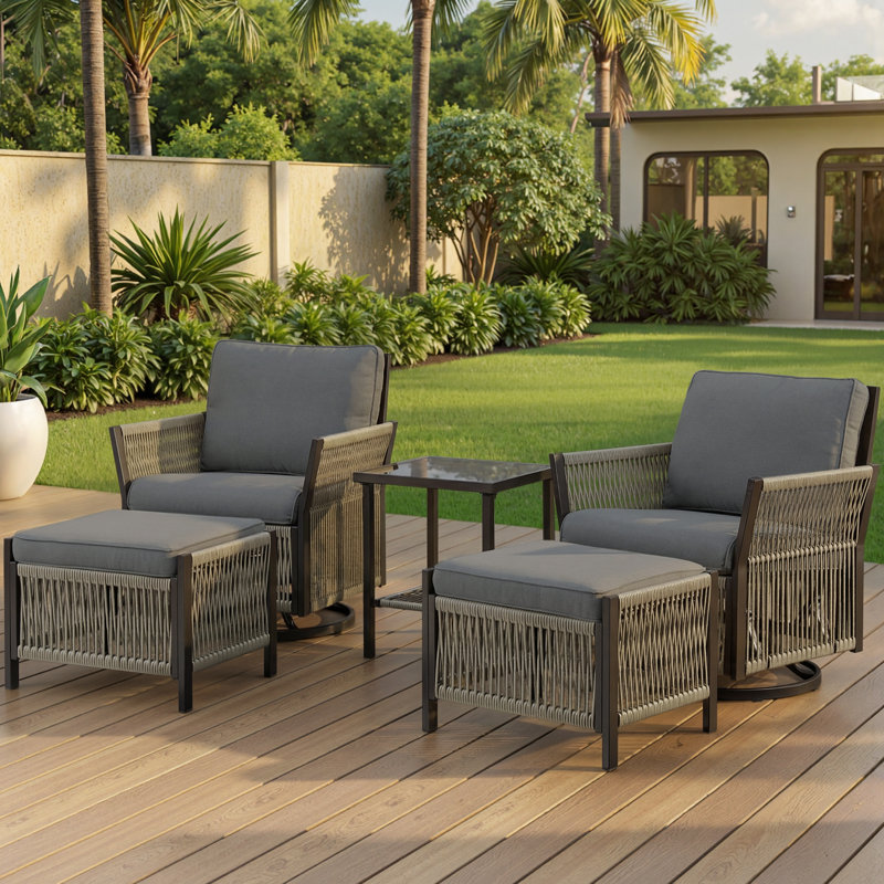 5 Piece Outdoor Woven Rattan Rope Swivel Glider Set with Ottomans & Side Table, Gray