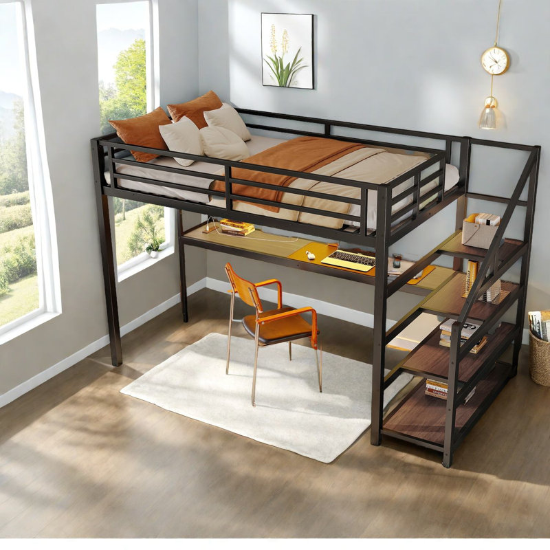 Space-saving Twin Xl Loft Beds With Storage And Led Lights, Modern Metal Frame