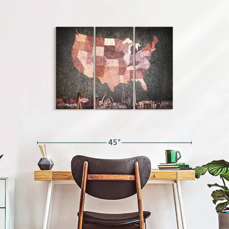 «USA Map Textured USA Map», ensemble de 3 reproductions sur toile par Echoes Of America, H 24 po x l 38 po x P 1,25 po